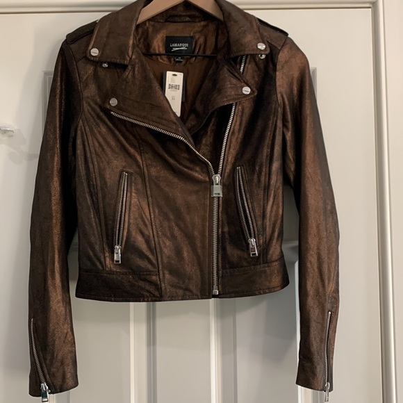 NWT $595 Lamarque Donna Metallic Leather Moto Jacket XS Z147-14 - Picture 7 of 9